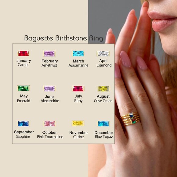 Women Green/gold Non Tarnish Dainty 14k Gold Plated Baguette Emerald Stone Ring - Picture 4 of 7